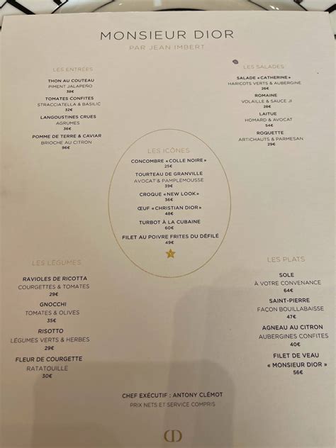 monsieur dior restaurant menu prix